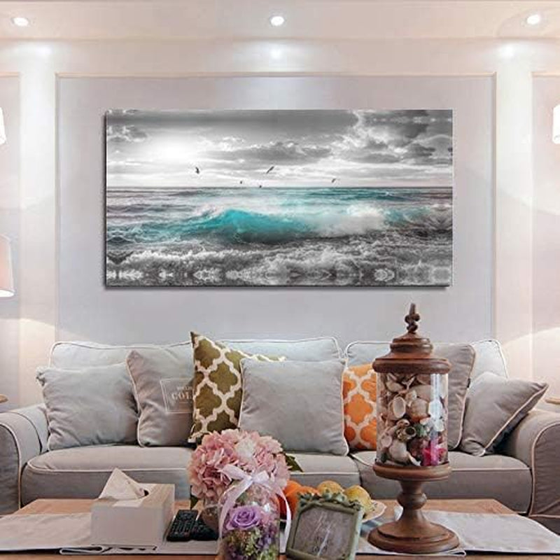 Stunning 24"x48" Framed Ocean Sunset Canvas Art - Serene Beach Wall Decor for Bedroom, Bathroom, and Dining Room with Seagulls and Waves