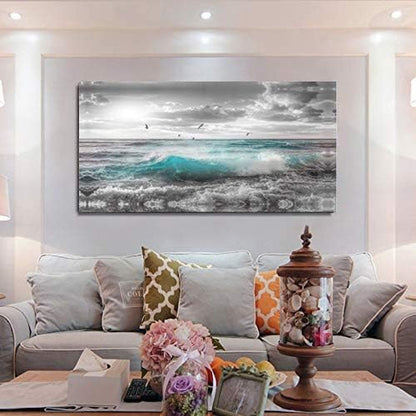 Stunning 24"x48" Framed Ocean Sunset Canvas Art - Serene Beach Wall Decor for Bedroom, Bathroom, and Dining Room with Seagulls and Waves