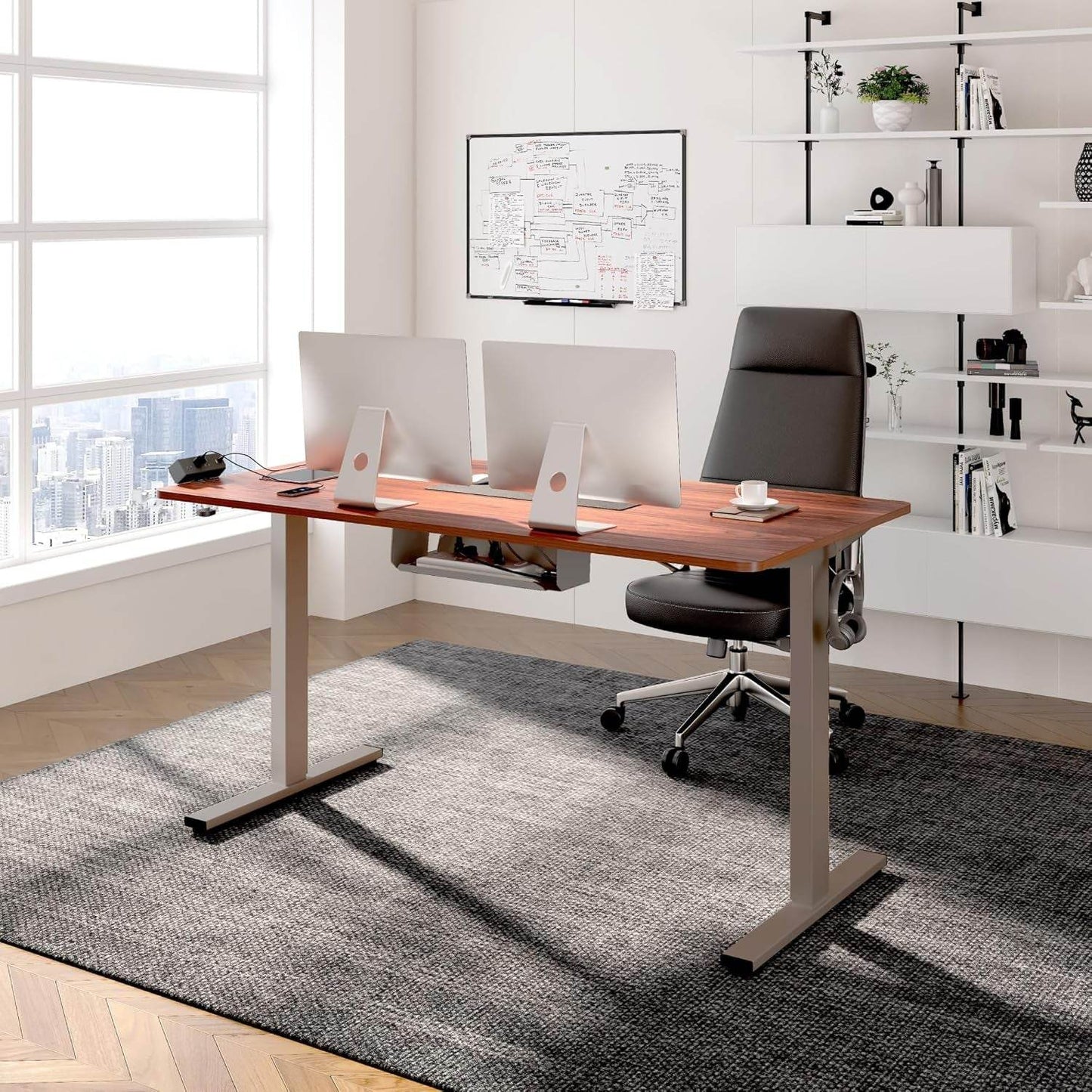 EN2 Height Adjustable Electric Standing Desk - 48"x30" with Clamp Power Strip & Cable Management (Gray Frame + Mahogany Top)