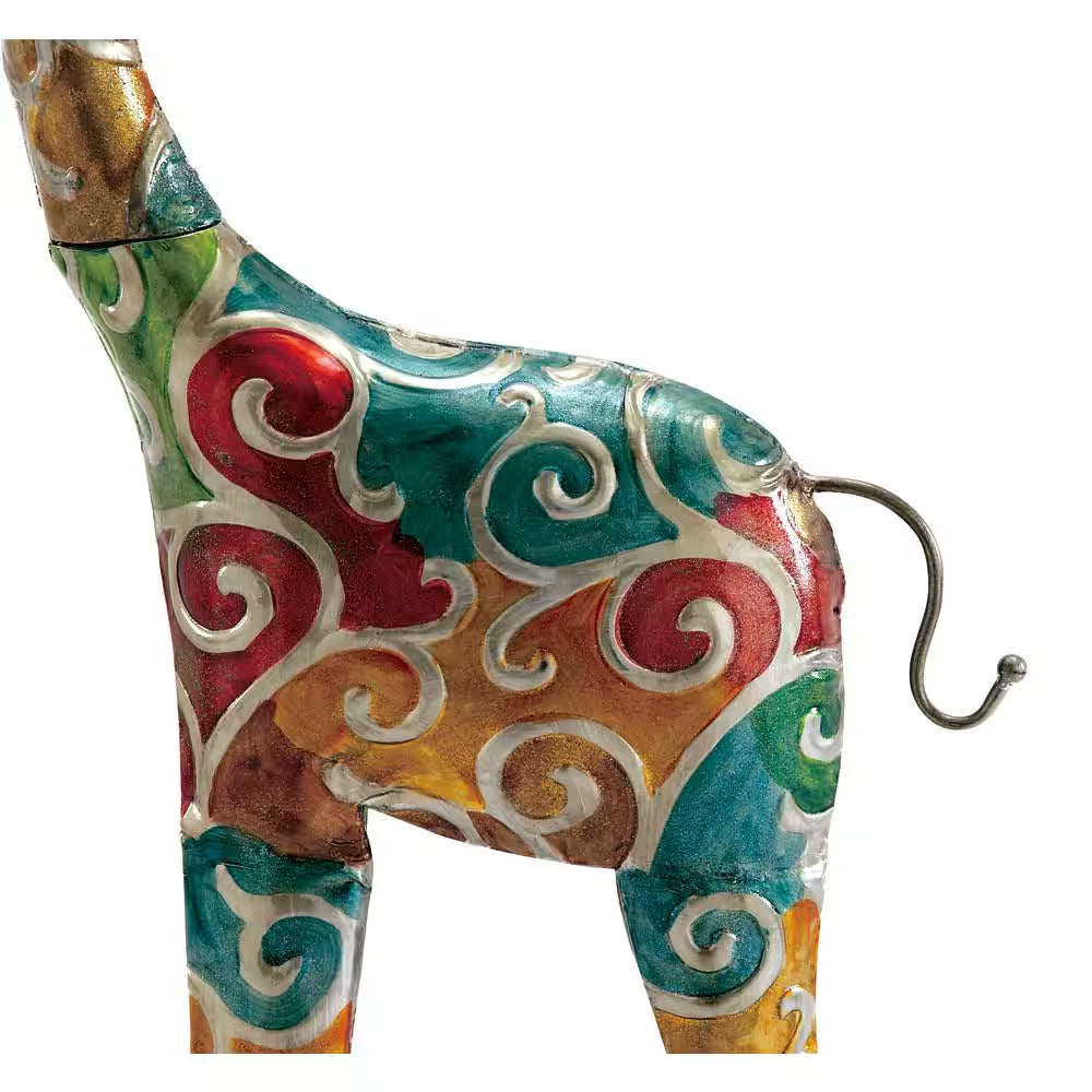 Multi Colored Metal Indoor Outdoor Tall Giraffe Sculpture with Detailed Embossed Scrollwork
