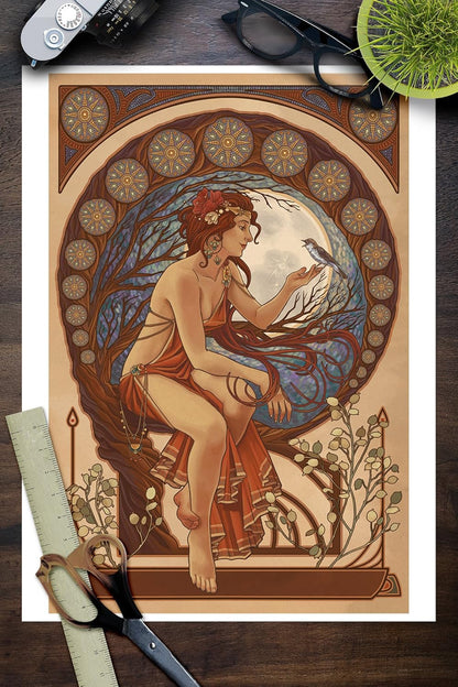 Stunning Art Nouveau Woman and Bird 9X12 Inch Wall Art Print by