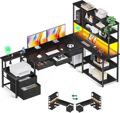79 Inch L Shaped Desk with File Drawers, Reversible L Shaped Gaming