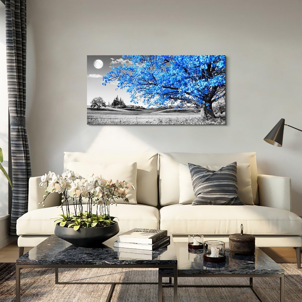 Elegant Blue Moon Tree Landscape Canvas Art – Abstract 20" X 40" Ready to Hang for Living Room and Office Decor