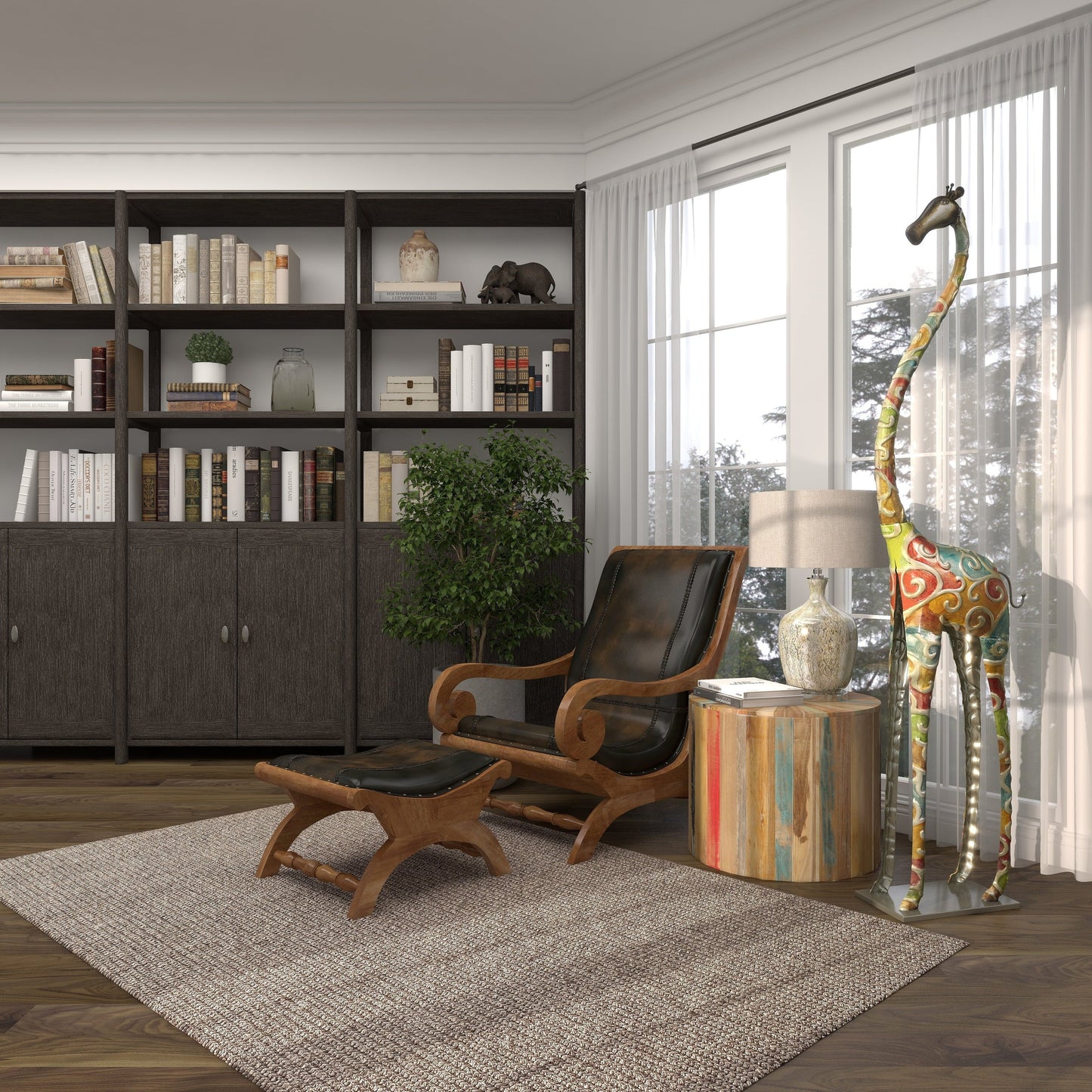 Extra Large and Colorful Floor Giraffe Sculpture, Molded from Iron with Grey Metal Finish, 17"W X 3"L X 73"H