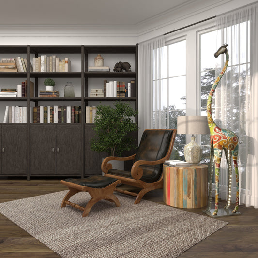 Extra Large and Colorful Floor Giraffe Sculpture, Molded from Iron with Grey Metal Finish, 17"W X 3"L X 73"H