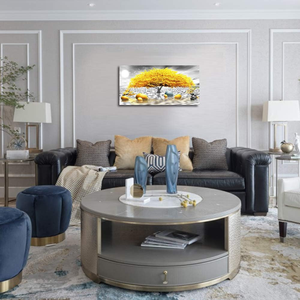 Stunning Abstract Black and White Canvas Art with Vibrant Yellow Tree - Perfect Wall Decor for Living Room, Bedroom, and Office