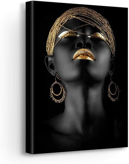 Stunning Black and Gold African Woman Canvas Art - Modern Home Decor (12"x18" Gallery Wrapped)