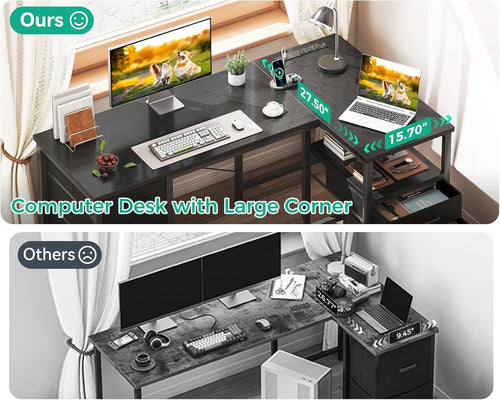 L Shaped Computer Desk with 6 Drawers & Power Outlet, 55 Inch Corner