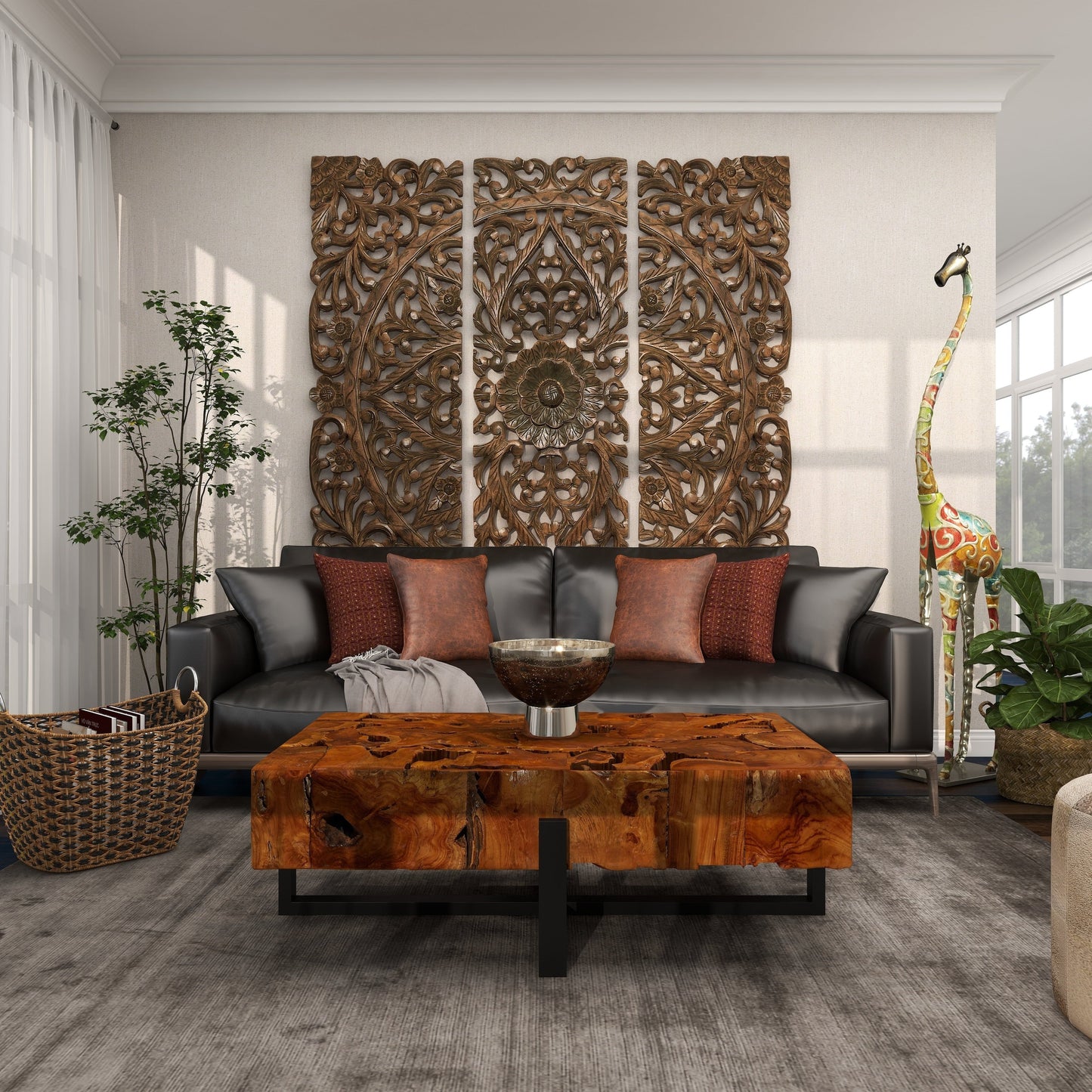 Extra Large and Colorful Floor Giraffe Sculpture, Molded from Iron with Grey Metal Finish, 17"W X 3"L X 73"H