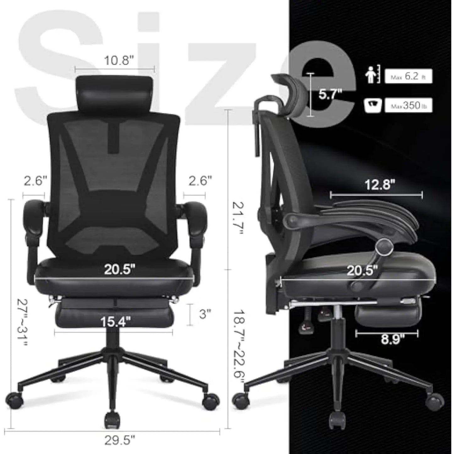 Ergonomic Office Chair with Footrest, Ergonomic Desk Chair with Adjustable 2D Lumbar Support, High Back Computer Chair with Ad