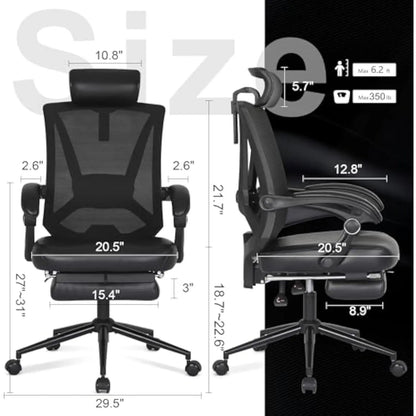 Ergonomic Office Chair with Footrest, Ergonomic Desk Chair with Adjustable 2D Lumbar Support, High Back Computer Chair with Ad