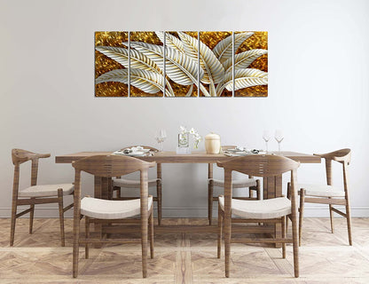 Stunning BATRENDY Silver Banana Leaves Metal Wall Art - Rustic Gold Aluminium 5-Panel Hand Polished Sculpture for Living Room and Bedroom Decor