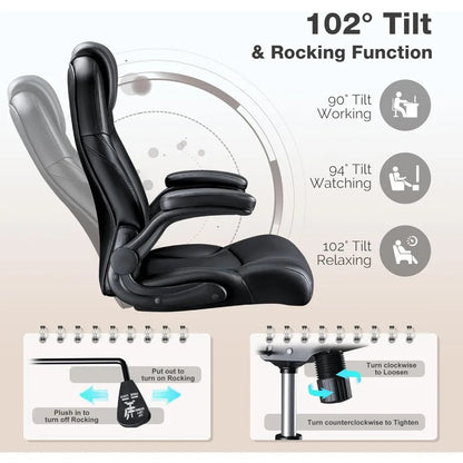 High Back Office Chair, Ergonomic Big and Tall Desk Chair, Adjustable Flip up Armrest Executive Chair Made of PU Leathe