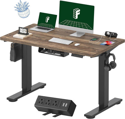 EN2 Height Adjustable Electric Standing Desk - 48"x30" with Clamp Power Strip & Cable Management (Gray Frame + Mahogany Top)