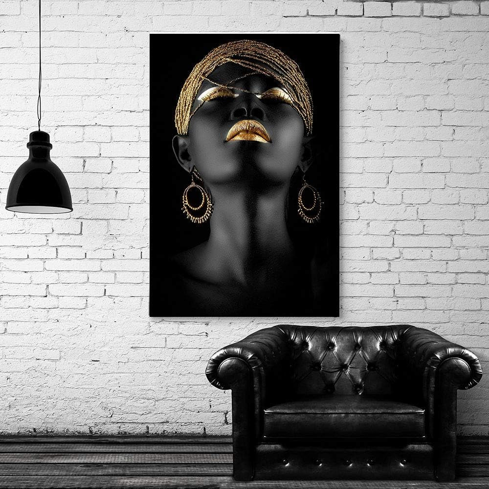 Stunning Black and Gold African Woman Canvas Art - Modern Home Decor (12"x18" Gallery Wrapped)