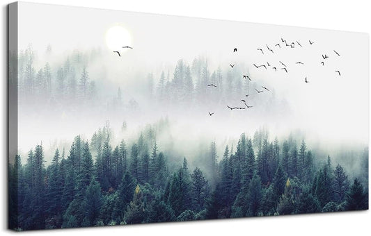 Misty Forests Canvas Wall Art - Enchanting Evergreen Landscape Decor for Living Room & Bedroom - Ready to Hang Framed Modern Home Accent