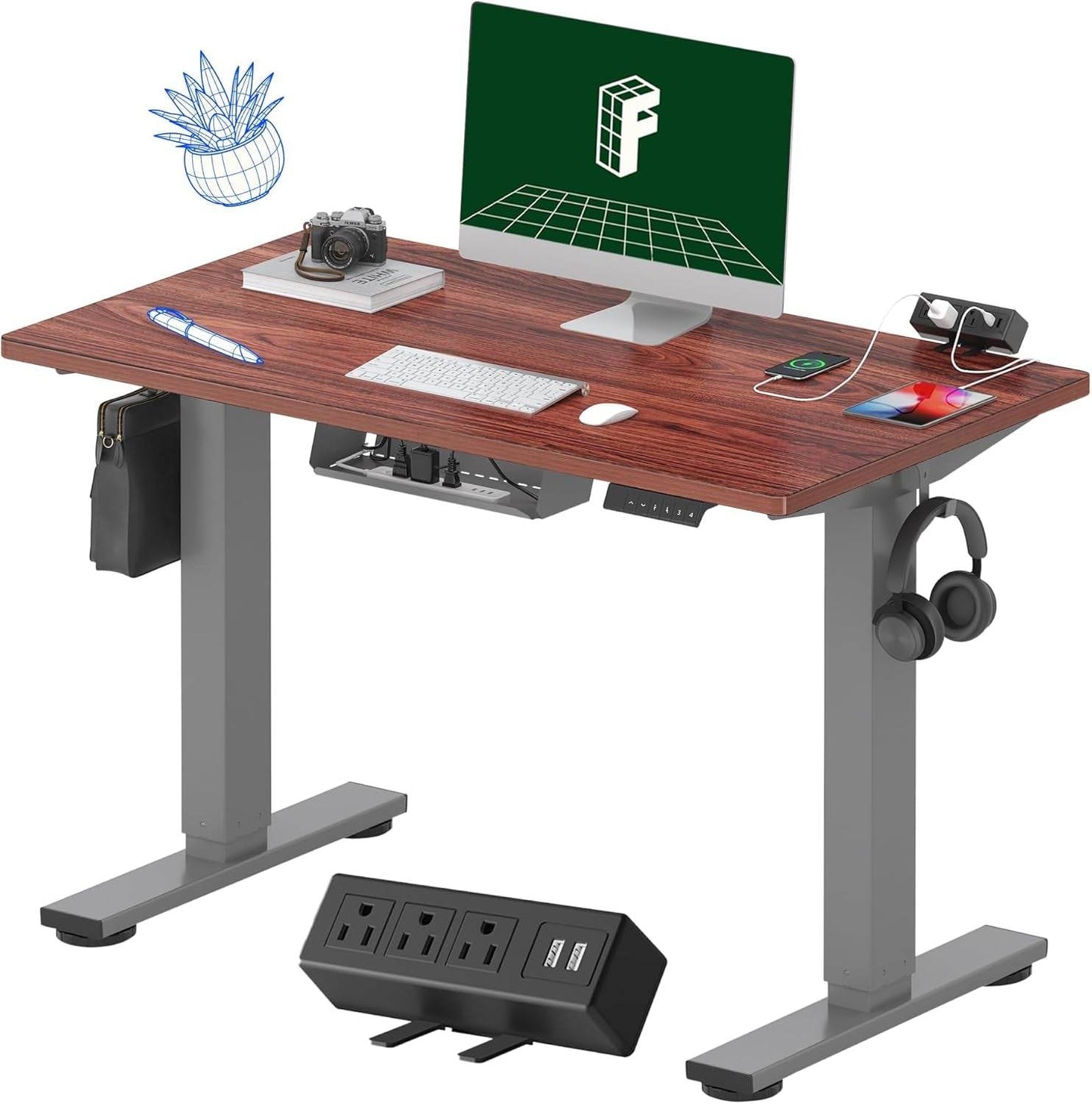 EN2 Height Adjustable Electric Standing Desk - 48"x30" with Clamp Power Strip & Cable Management (Gray Frame + Mahogany Top)