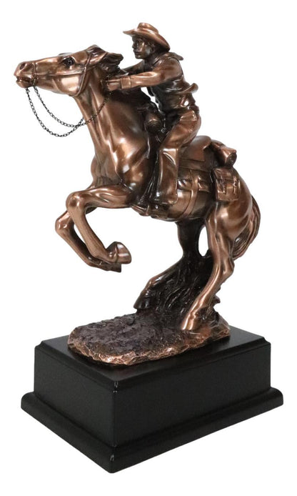 Rustic Western Wild Cowboy Bracing on a Galloping Horse Bronzed Resin Statue