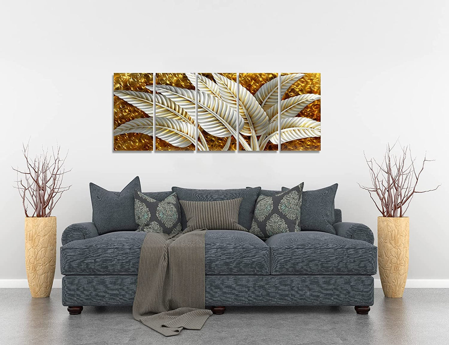 Stunning BATRENDY Silver Banana Leaves Metal Wall Art - Rustic Gold Aluminium 5-Panel Hand Polished Sculpture for Living Room and Bedroom Decor