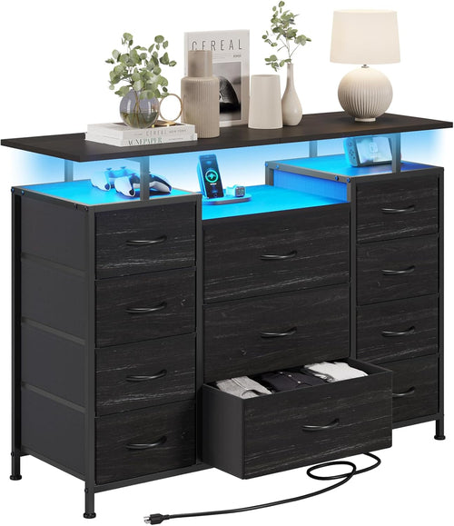 11 Drawers Dresser with Fabric Drawers,Charging Station, LED Lights