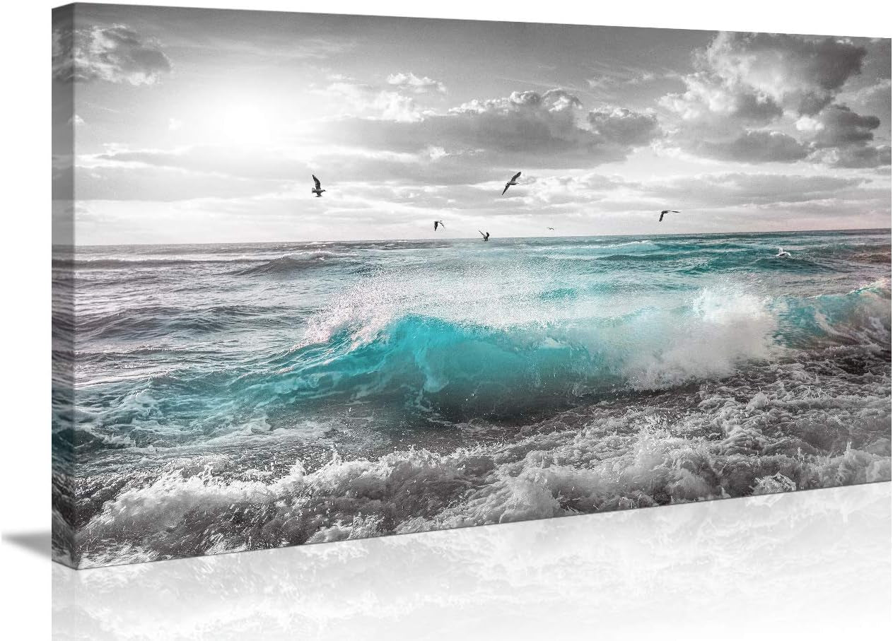 Stunning 24"x48" Framed Ocean Sunset Canvas Art - Serene Beach Wall Decor for Bedroom, Bathroom, and Dining Room with Seagulls and Waves