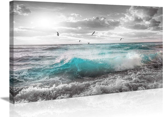 Stunning 24"x48" Framed Ocean Sunset Canvas Art - Serene Beach Wall Decor for Bedroom, Bathroom, and Dining Room with Seagulls and Waves