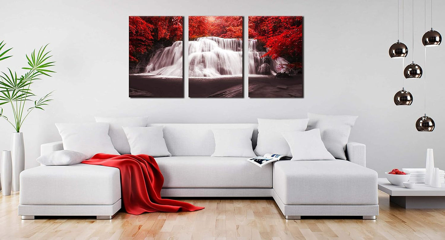 Stunning Black, White & Red Waterfall Canvas Wall Art - 3 Piece Set of Red Trees Forest Prints for Living Room & Office Decor - 16x24 Inch Each