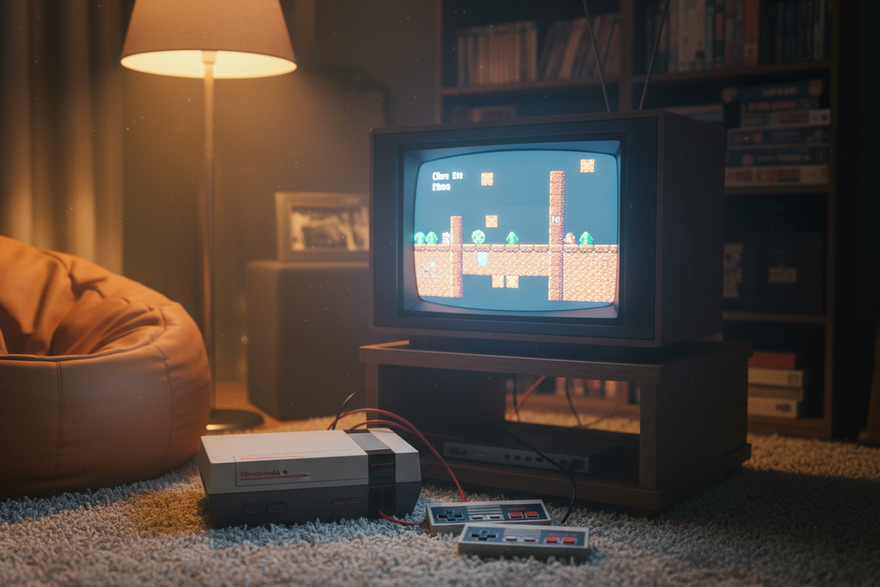 Classic Game console set up in front of an old TV. Ratio is in portrait mode.