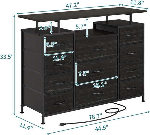 11 Drawers Dresser with Fabric Drawers,Charging Station, LED Lights