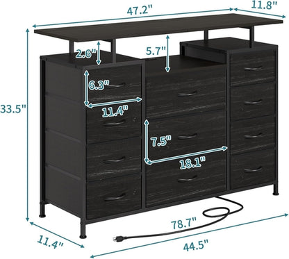 11 Drawers Dresser with Fabric Drawers,Charging Station, LED Lights