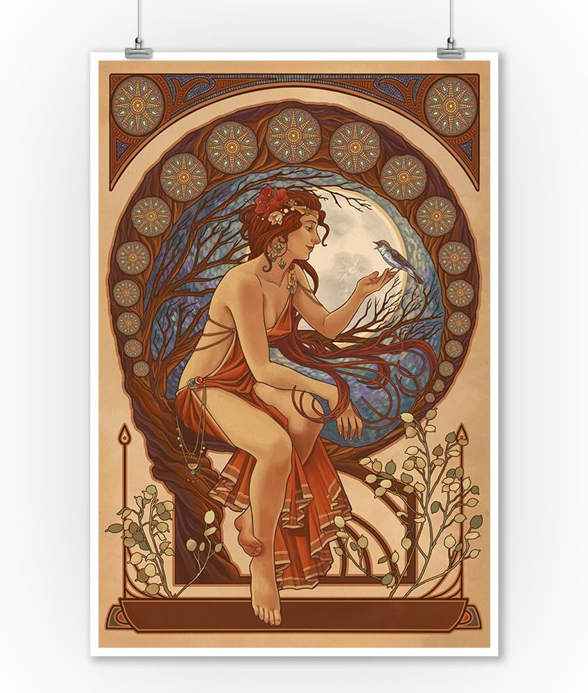 Stunning Art Nouveau Woman and Bird 9X12 Inch Wall Art Print by