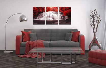 Stunning Black, White & Red Waterfall Canvas Wall Art - 3 Piece Set of Red Trees Forest Prints for Living Room & Office Decor - 16x24 Inch Each
