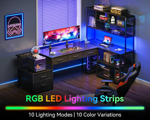 79 Inch L Shaped Desk with File Drawers, Reversible L Shaped Gaming