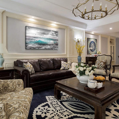 Stunning 24"x48" Framed Ocean Sunset Canvas Art - Serene Beach Wall Decor for Bedroom, Bathroom, and Dining Room with Seagulls and Waves