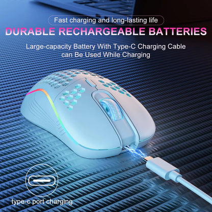 2.4G Wireless Mouse with RGB Backlit 6-Button 3-Speed DPI Type C Rechargeable Ergonomic Honeycomb Design Gaming Mouse