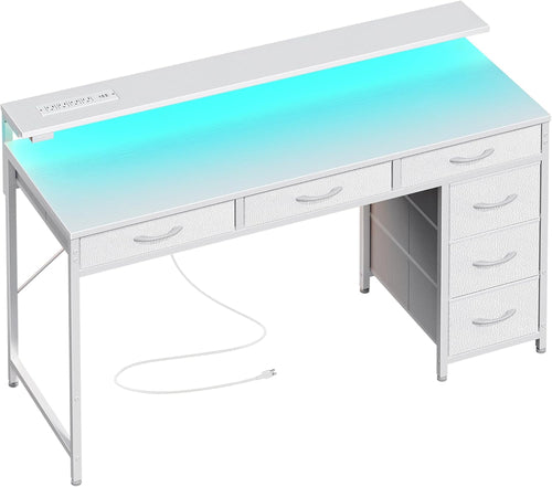 Gaming Desk with 6 Drawers, Computer Desk with LED Lights Power