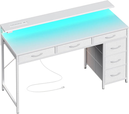 Gaming Desk with 6 Drawers, Computer Desk with LED Lights Power