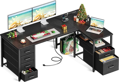 L Shaped Computer Desk with 6 Drawers & Power Outlet, 55 Inch Corner