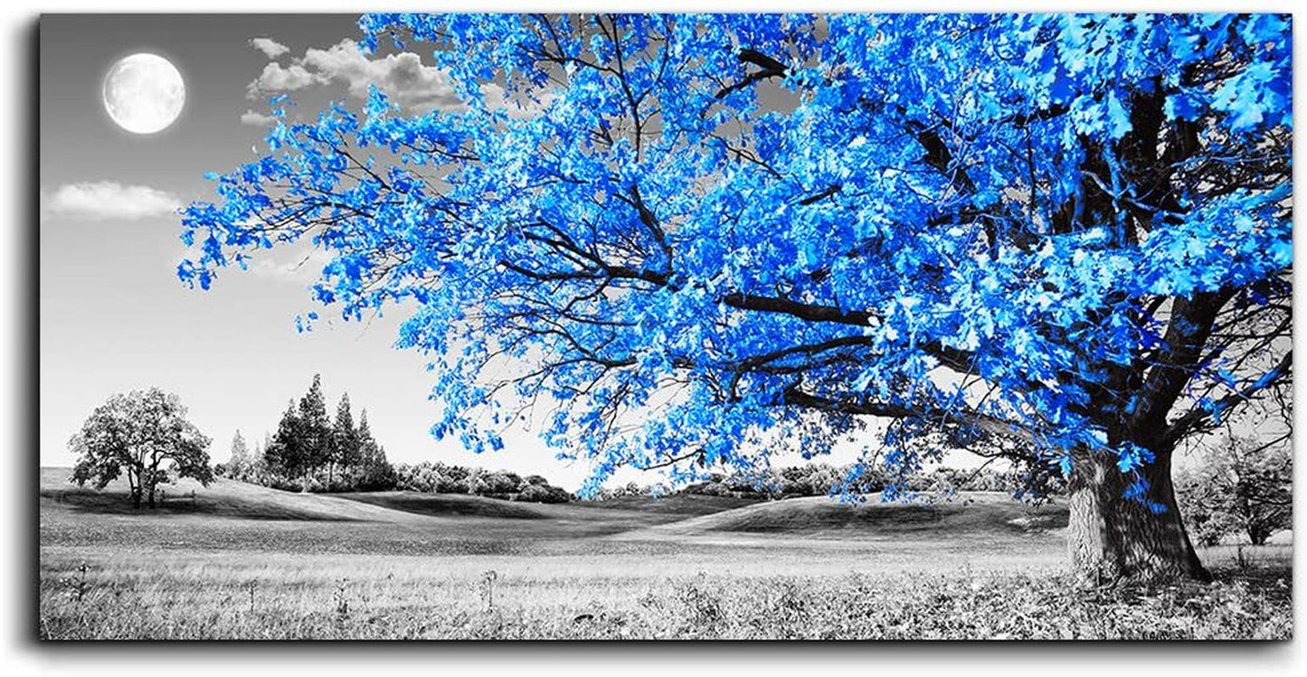Elegant Blue Moon Tree Landscape Canvas Art – Abstract 20" X 40" Ready to Hang for Living Room and Office Decor