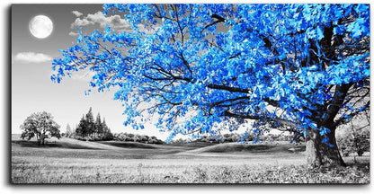 Elegant Blue Moon Tree Landscape Canvas Art – Abstract 20" X 40" Ready to Hang for Living Room and Office Decor