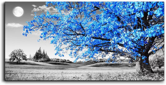 Elegant Blue Moon Tree Landscape Canvas Art – Abstract 20" X 40" Ready to Hang for Living Room and Office Decor
