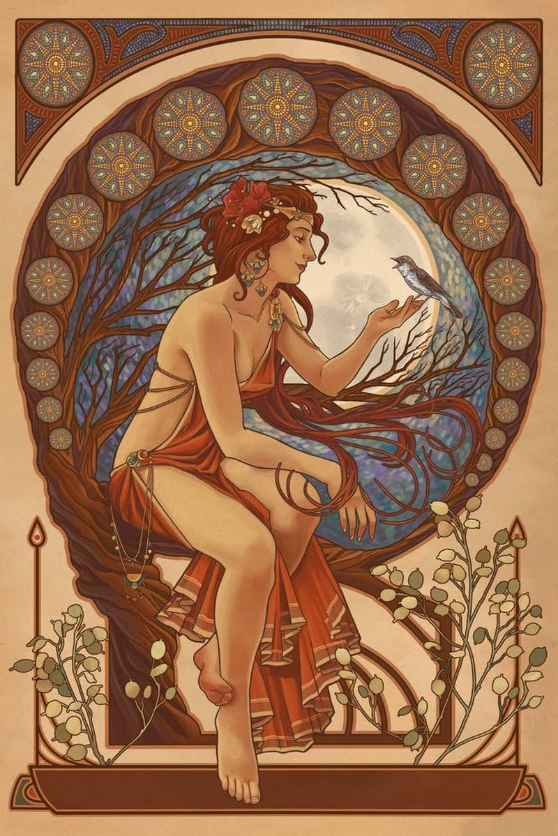 Stunning Art Nouveau Woman and Bird 9X12 Inch Wall Art Print by