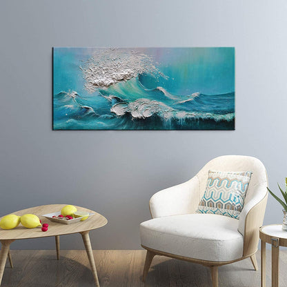 Stunning 24x48 Inch Hand-Painted Abstract Blue Ocean Oil Painting - Modern Canvas Wall Art for Luxurious Home Decor