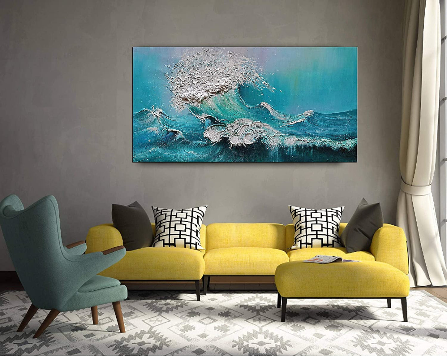 Stunning 24x48 Inch Hand-Painted Abstract Blue Ocean Oil Painting - Modern Canvas Wall Art for Luxurious Home Decor