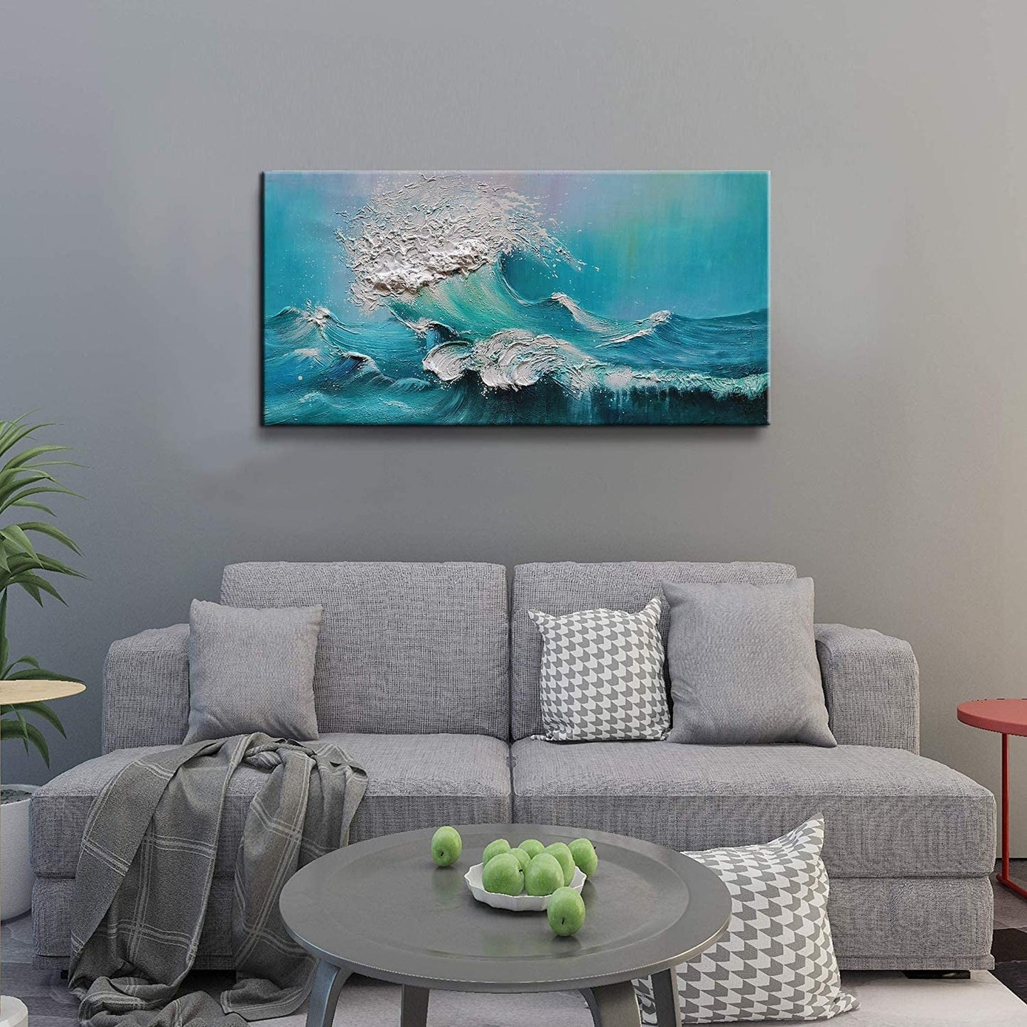 Stunning 24x48 Inch Hand-Painted Abstract Blue Ocean Oil Painting - Modern Canvas Wall Art for Luxurious Home Decor