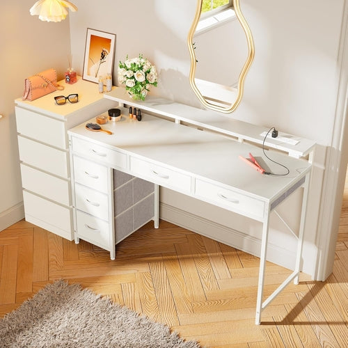 Gaming Desk with 6 Drawers, Computer Desk with LED Lights Power