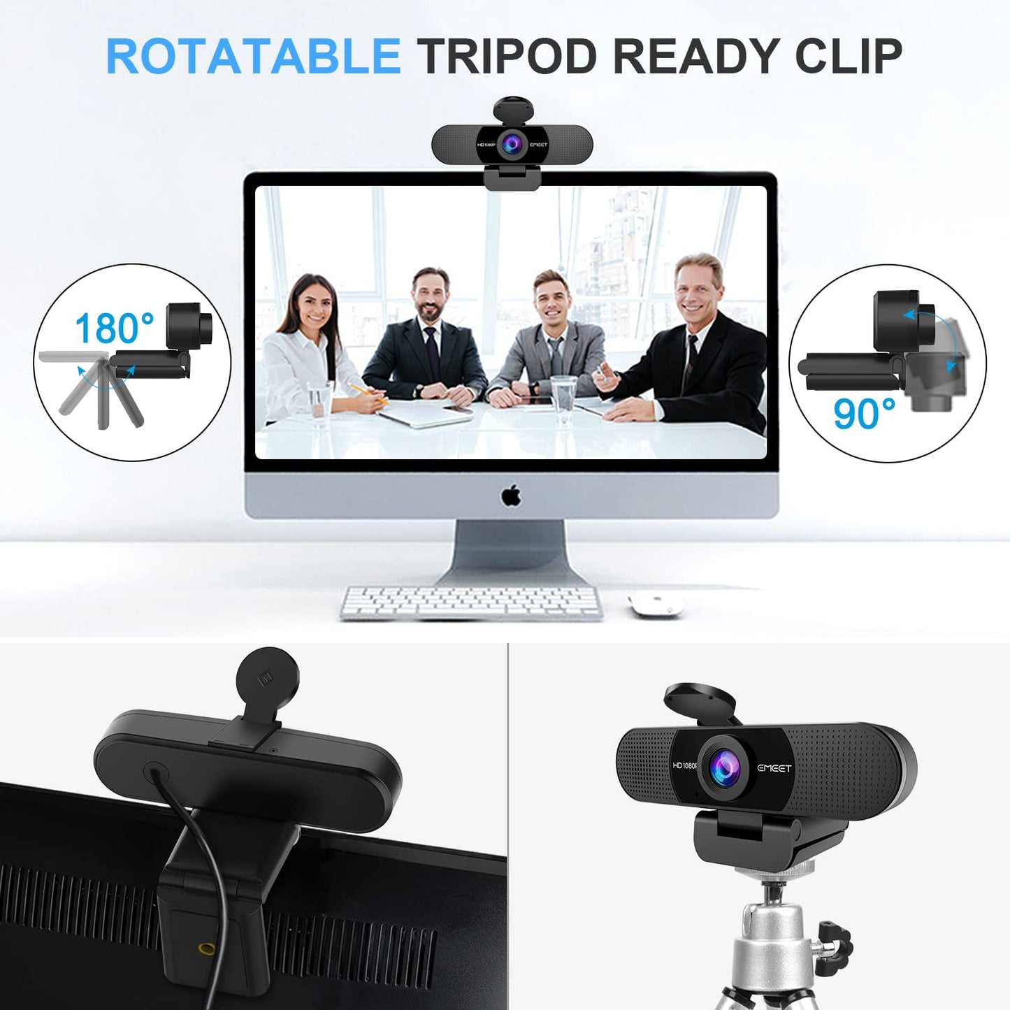 EMEET 1080P Webcam with Microphone, C960 Web Camera, 2 Mics, 90° FOV, USB Type-A & A-to-C Adapter, Plug&Play Computer Camera for Online Calling/Conferencing, Zoom/Teams/Facetime/YouTube, 2025 Version
