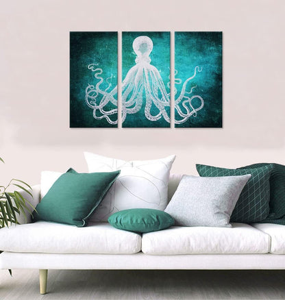 Stunning  Modern Octopus Canvas Art - Large 3-Panel Framed Wall Décor (8x16 Inches Each) Ready to Hang