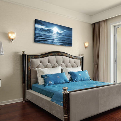 Stunning Blue Sea Moon Landscape Canvas Wall Art - Large Ready-to-Hang Modern Decor for Living Room (20x40 Inch)