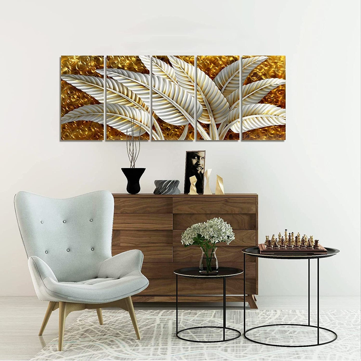 Stunning BATRENDY Silver Banana Leaves Metal Wall Art - Rustic Gold Aluminium 5-Panel Hand Polished Sculpture for Living Room and Bedroom Decor